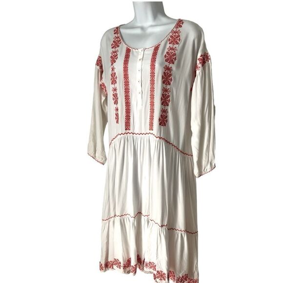Sundance Cream Red Embroidered Boho Midi High Lo Summer Flowy Peasant Dress sz S - Picture 4 of 14
